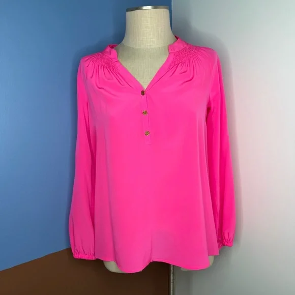 Lilly Pulitzer Elsa Top Hot Pink 100% Silk Smocked Blouse Gold Buttons XS - Picture 2 of 7